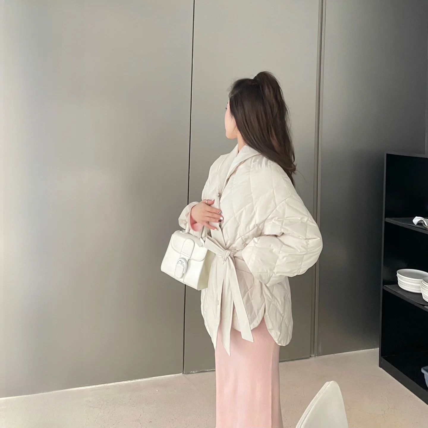 

CCZEE Winter Thiened White Fluffy Warm Cotton Jaet Women's Coat Diamond Pattern Belted Sli Commute Long Sve