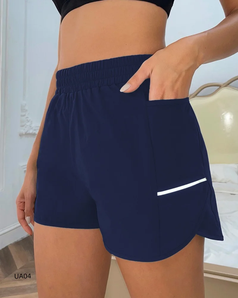 

Women Quick Dry Running Shorts Elastic High Waist Pocket Reflective Strip Lightweight Athletic Workout Sports Short Pants