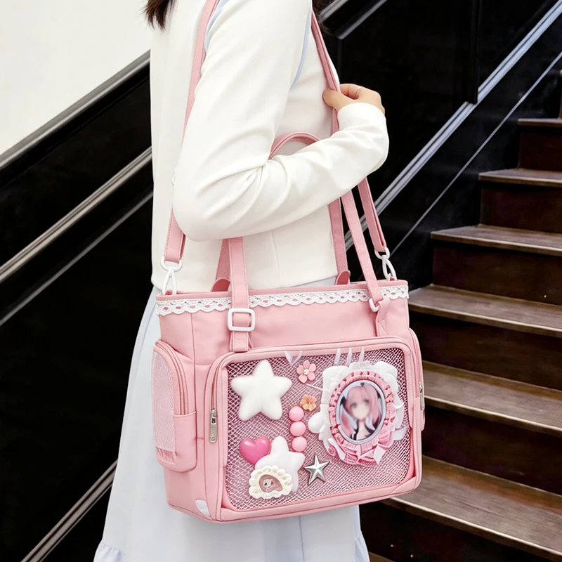 TINYAT Y2K Ita-Tasche mit großem Fassungsvermögen für Damen, Lolita-Spitzenhandtasche, süße transparente Umhängetasche, 2-Wege-Crossbody-Messenger-Tasche