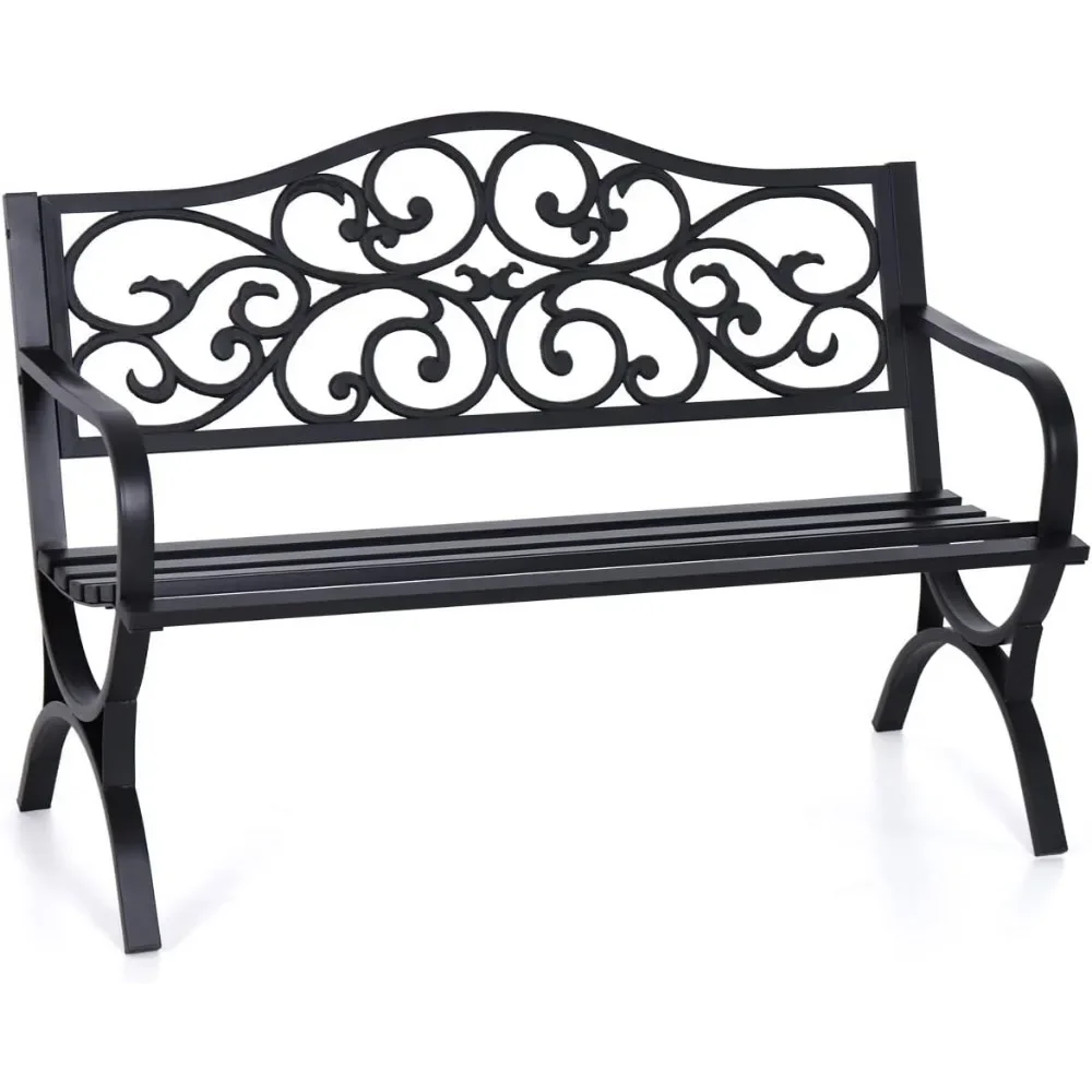 

50 Inches Outdoor Garden Bench,Cast Iron Metal Frame Patio Park with Floral Pattern Backrest,Arch Legs for Porch,Garden Black