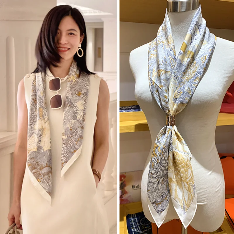 

High-end Elegant Women's Exquisite Forest Castle Printed Quality 18MM Twill Sand Washed Silk Hand-rolled Edge Large Scarf Shawl