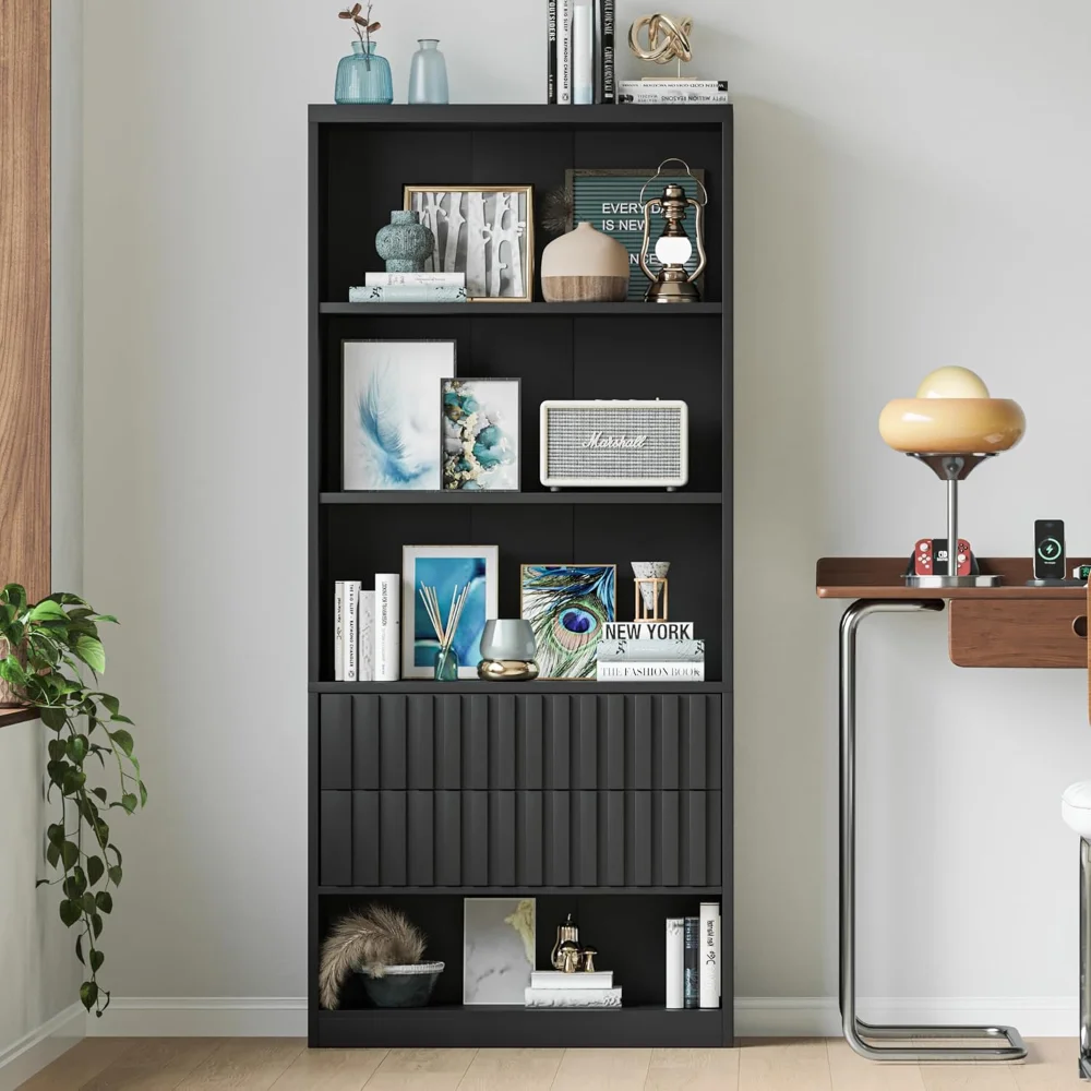 

70.9" Tall Bookshelves and Bookcase with Fluted Drawers and Adjustable Shelves, Modern Book Shelf with Storage Cabinet