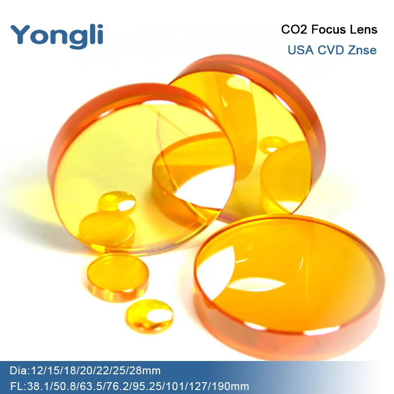 Yongli Focus Lens USA CVD ZnSe Dia 12/15/18/20/22/25/28mm FL38.1/50.8/63.5/76.2/95.25/101/127/190mm for Laser Engraving Machine