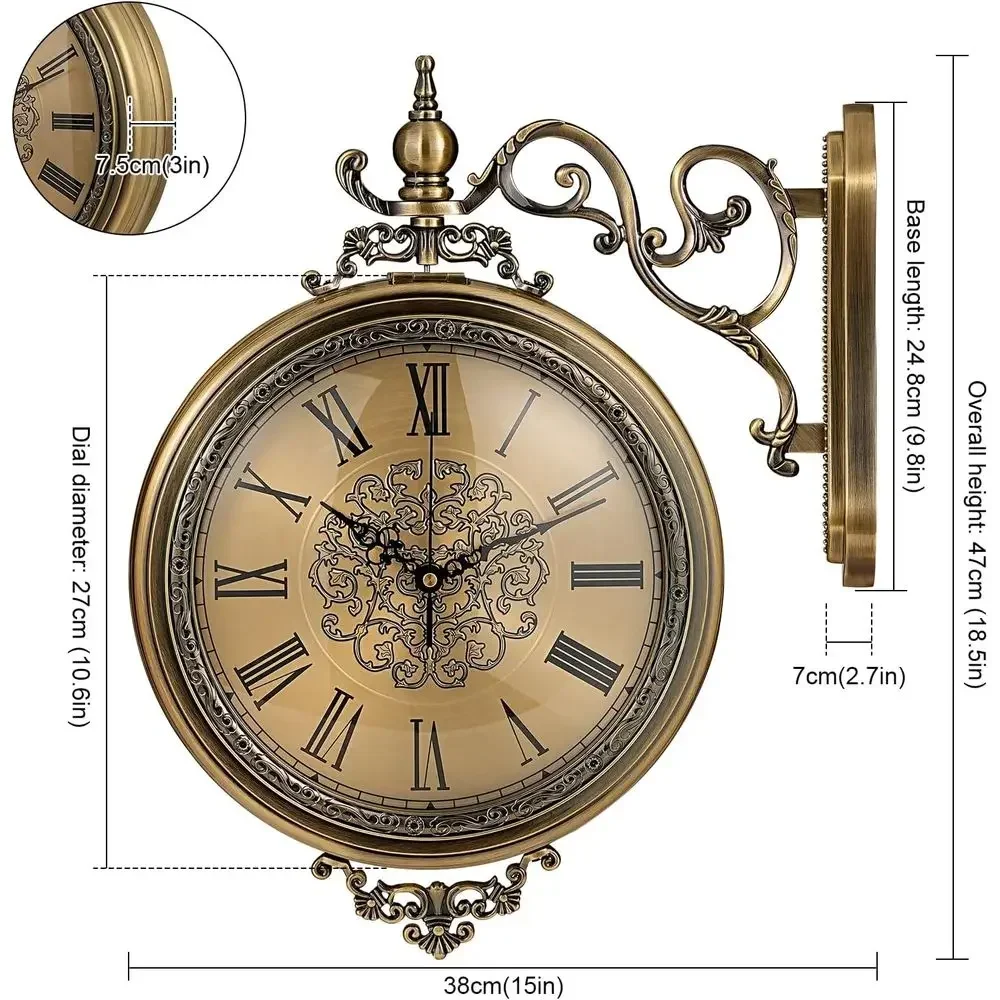 Large Vintage Double Sided Wall Clock with Glass & Metal, and AraNumerals, Silent Non-Ticking Battery Operated Antique Clock or