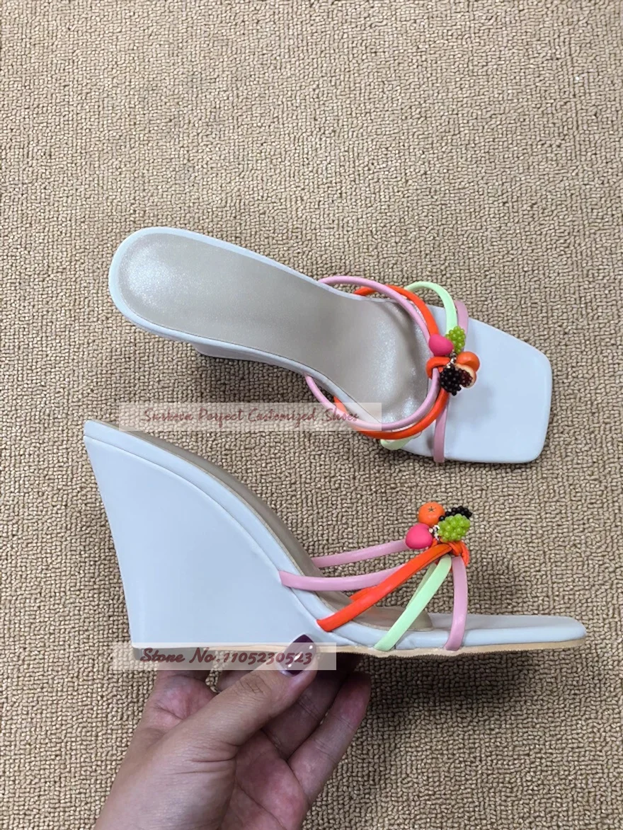 Cute Fruit Pendant Wedge Mules Colorful Thin Straps Square Open Toe Slides Holiday Beach Sandalias Ladies Wedge Heel Slippers