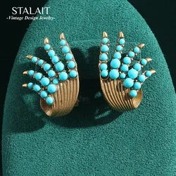 Vintage Sea Blue Natural Stone Tassel Leaf Earrings Eyelash Shape Gold Color Antique Jewelry for Woman Accessories New Arrival