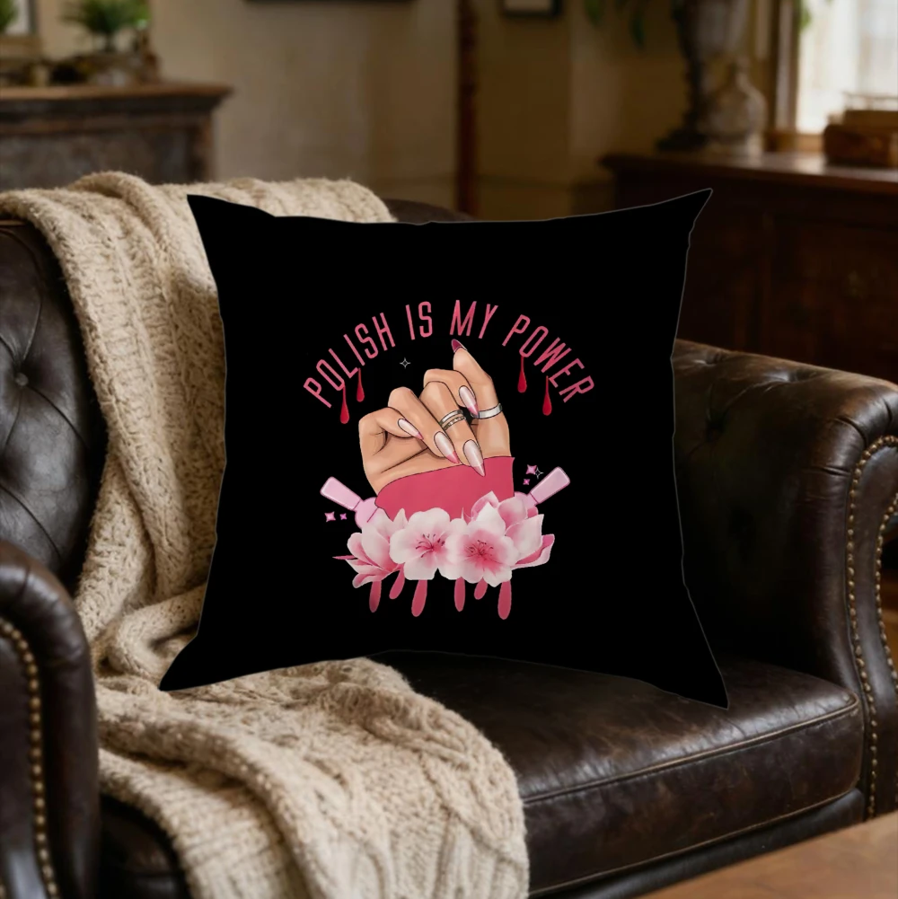 1Pc Soft Black Polish Is My Power Hand With Flowers Cushion Cover For Sofa Bedroom x-2