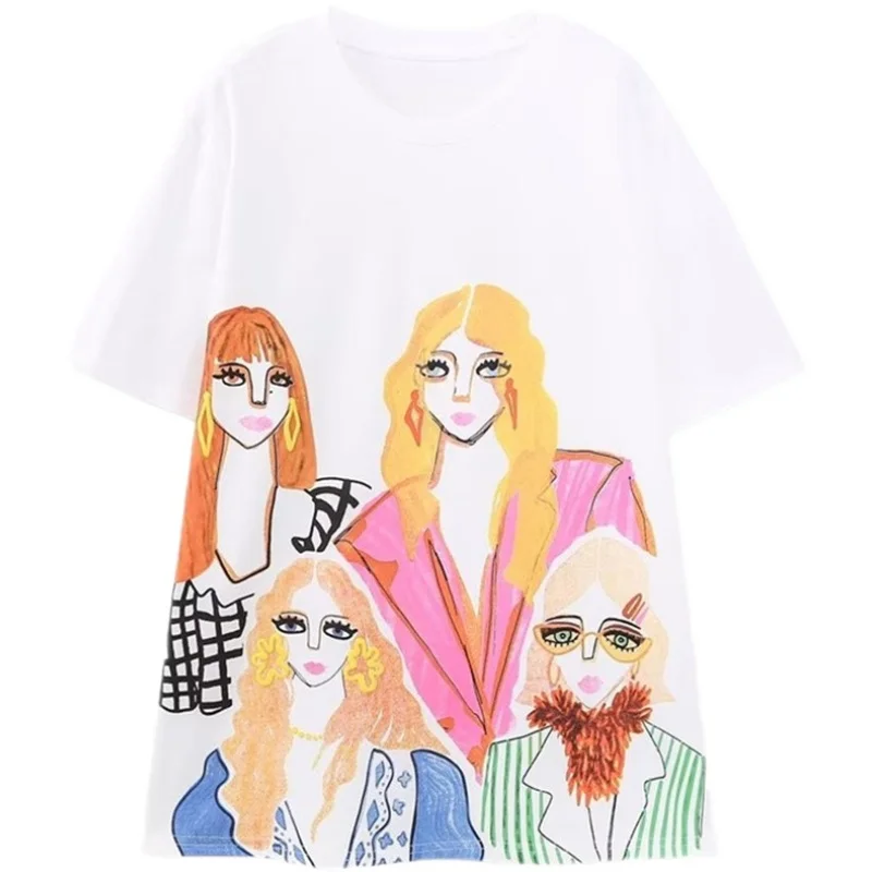 تي شيرت فضفاض مستدير Ne ort Sve أبيض للنساء تصميم مطبوع أنيق مريح مناسب كاجوال Sle كارتون إبداعي