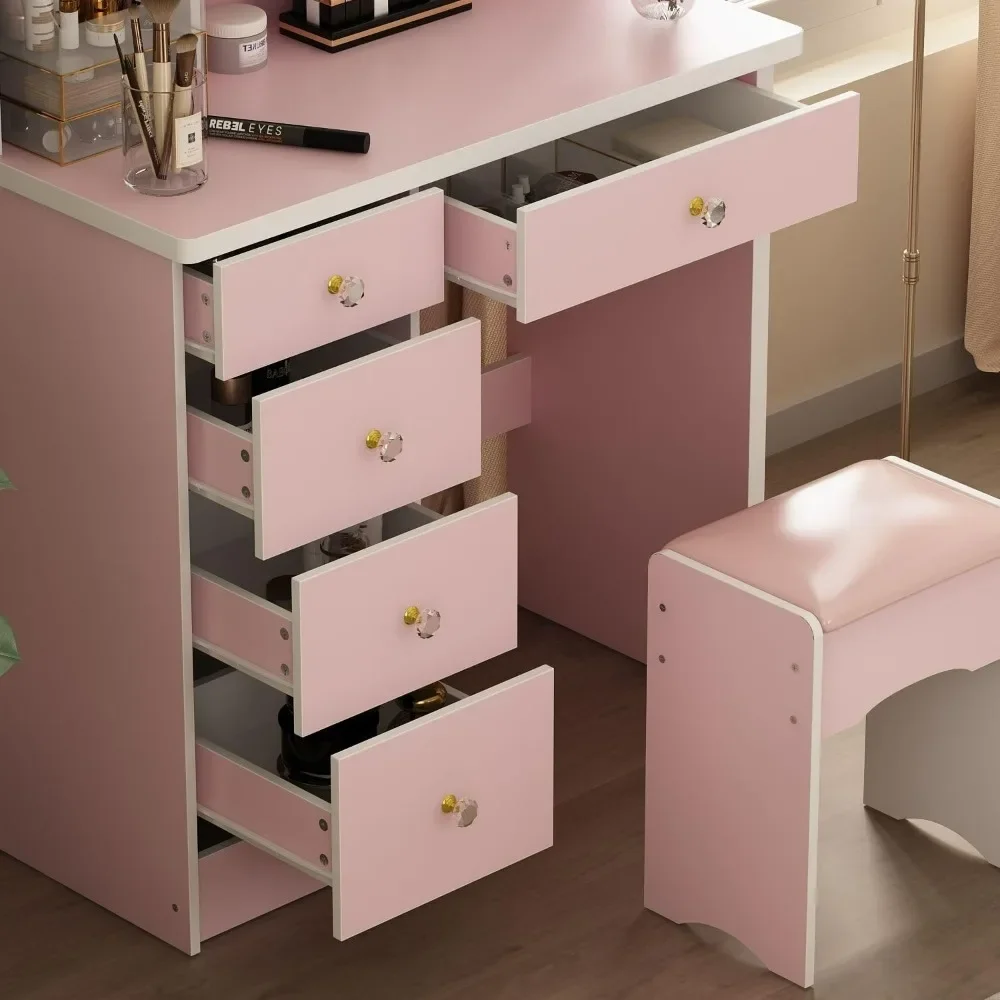 Makeup Table with LED Illuminated Mirror, Makeup Dressing Table Set, with Soft Cushioned Stool, Drawers