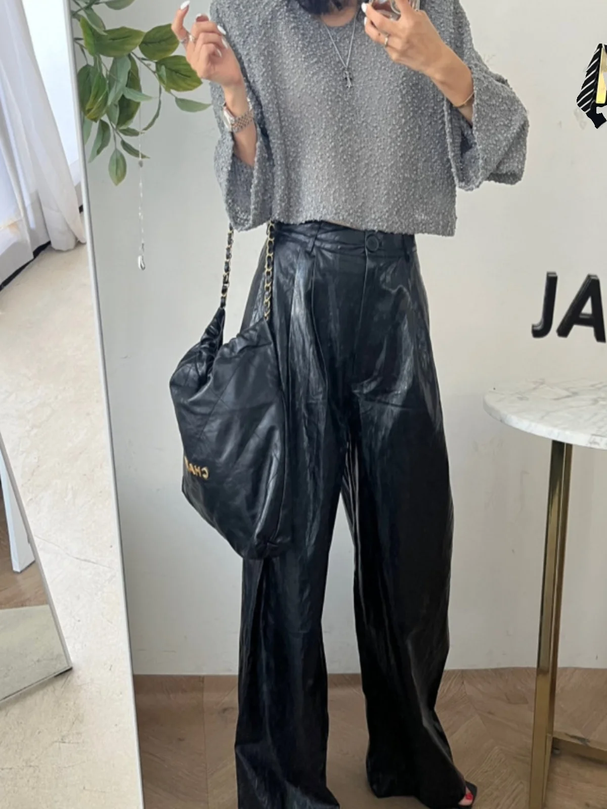 Taille haute en cuir PU pantalons décontractés femmes Vintage bleu plissé ample jambe large coupe droite élégant polyvalent pantalons longs