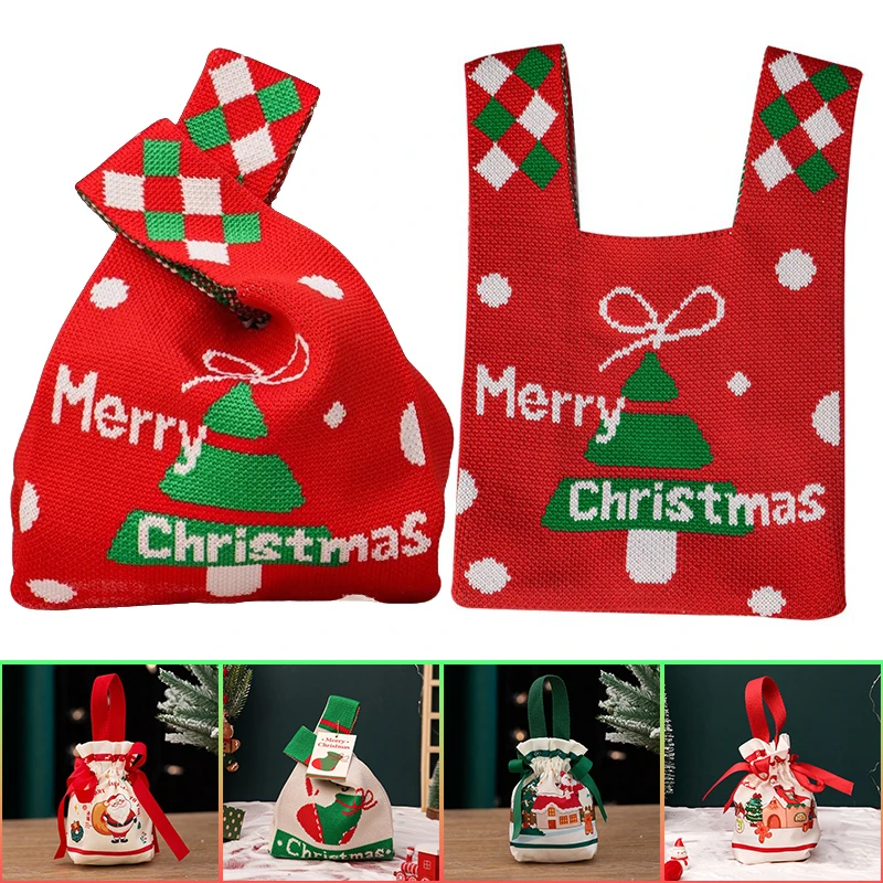 

1/5PCS Christmas Candy Bags Set with Handles Knitted Canvas Drawstring Treat Bags for Goody Gifts DIY Santa Decor Small Party