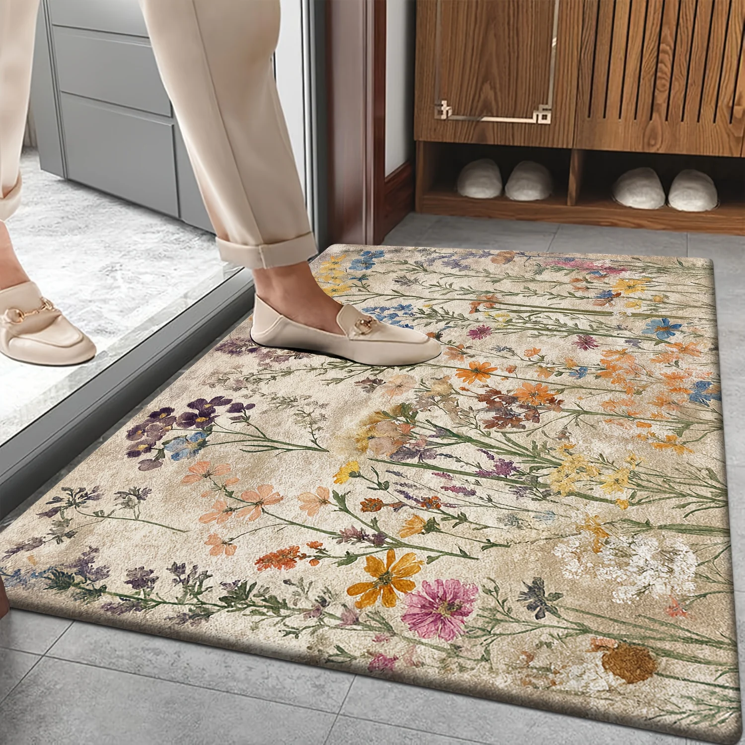 Vintage Floral Botanical Print Runner Rug Polyester Mat for Home Decor Entryway Living Room Meadow Cottage Style Carpet