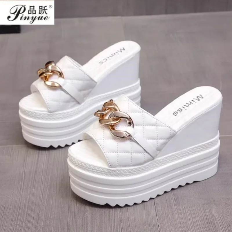 

12cm Super High Heels Women Slippers Metain Chain Height Increasing Slides Women Wedding Shoes New Platform Sandals 34-42