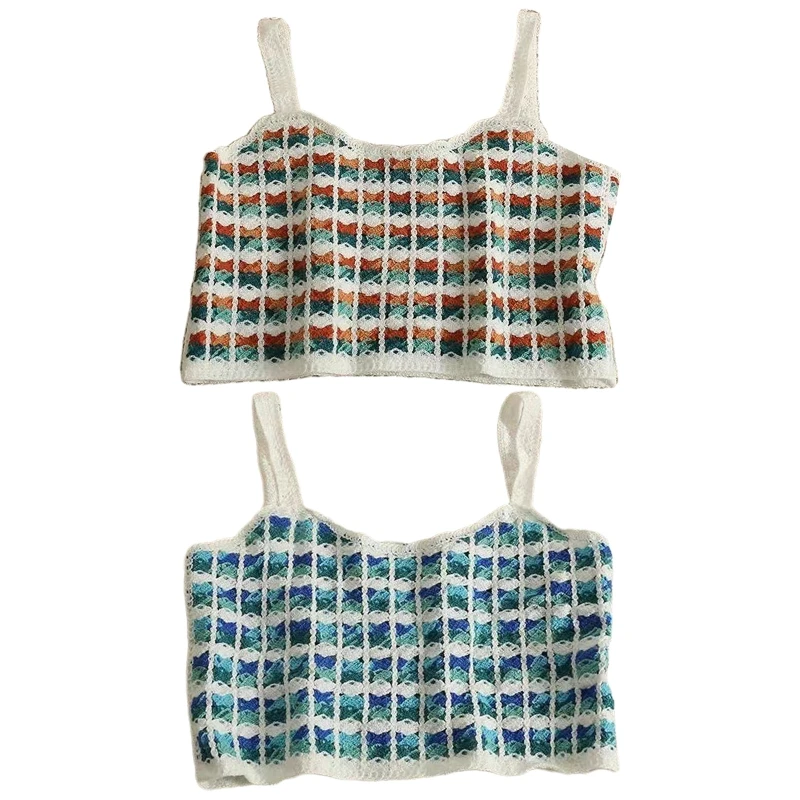 

Women French Knit Sleeveless Crop Top Embroidery Colorful Rhombus Striped Sweater Vest Neck Drop shipping