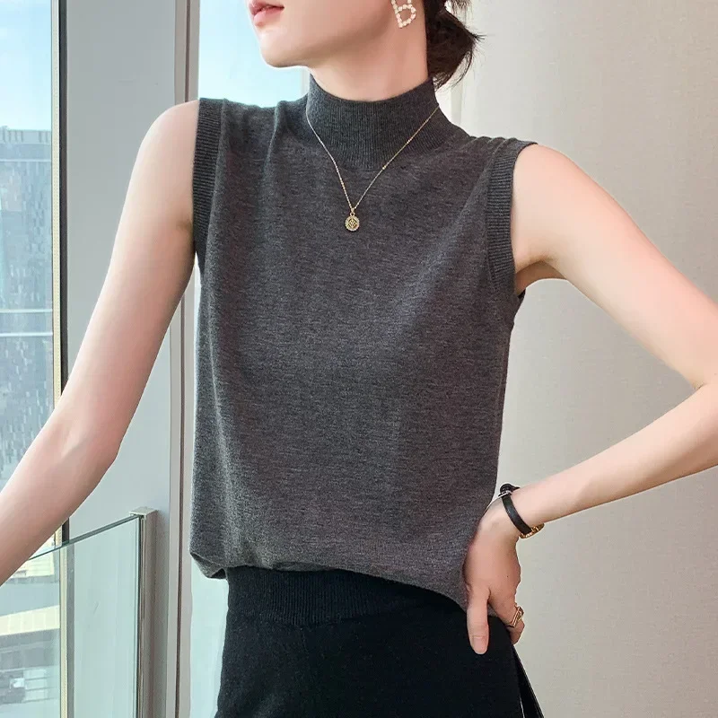 

2025 камвольный женский осенне-зимний свитер из чистой шерсти, новый короткий облегающий свитер с воротником до половины высоты, женский жилет без рукавов