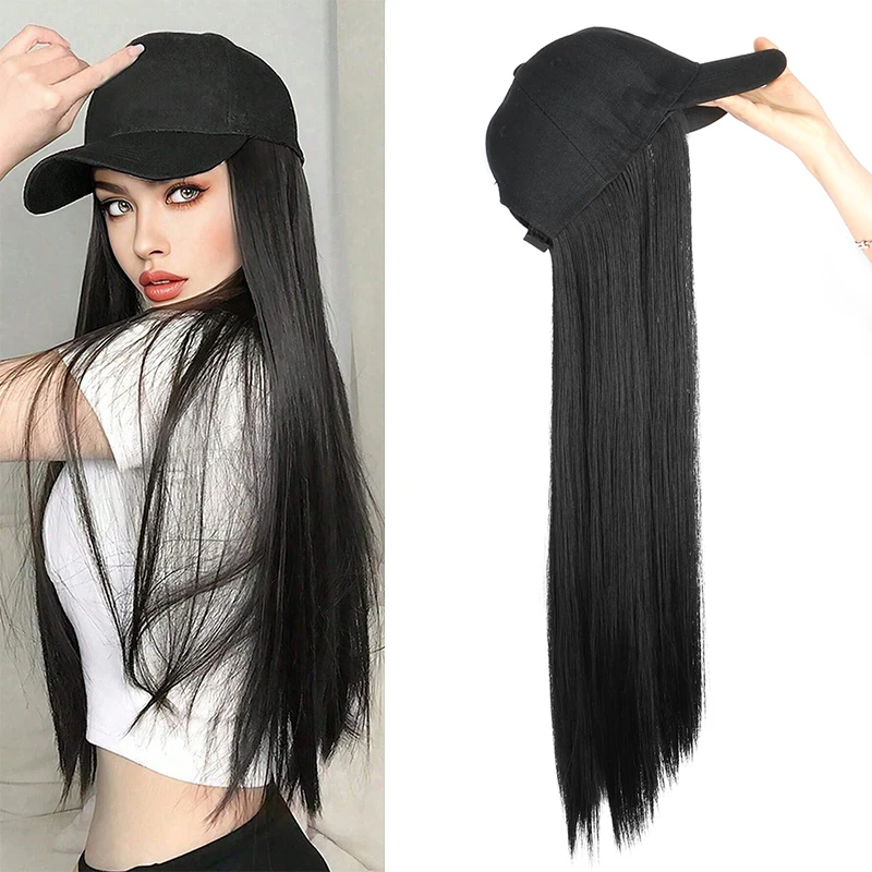 วิกผมติดหมวกเบสบอลแบบสังเคราะห์ ขนาด 24 นิ้ว ผมยาวตรง ปรับขนาดได้ สำหรับผู้หญิง