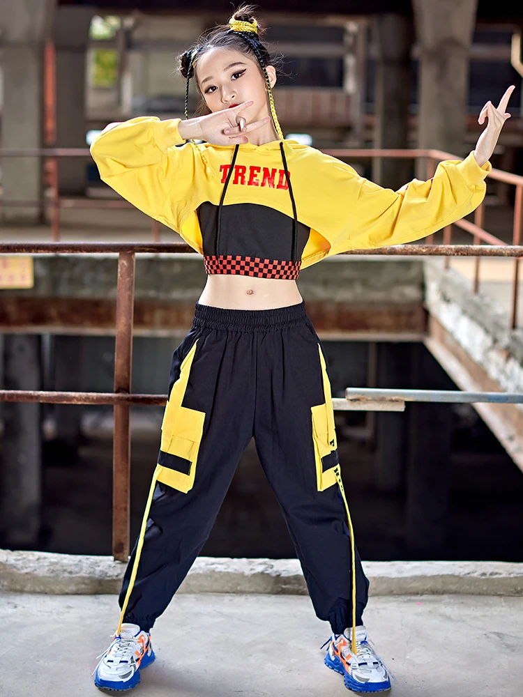 New Kpop Modern Dance Clothes For Girls Yellow Hooded Tops Hip Hop Pants Kids Jazz Street Dance Performance Stage Costume BL9084