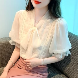 Summer Women Tops Bow Collar Lace Chiffon Blouse Shirt Blusas Mujer De Moda 2024 Verano Short Sleeve Blouse Women Blouses G491