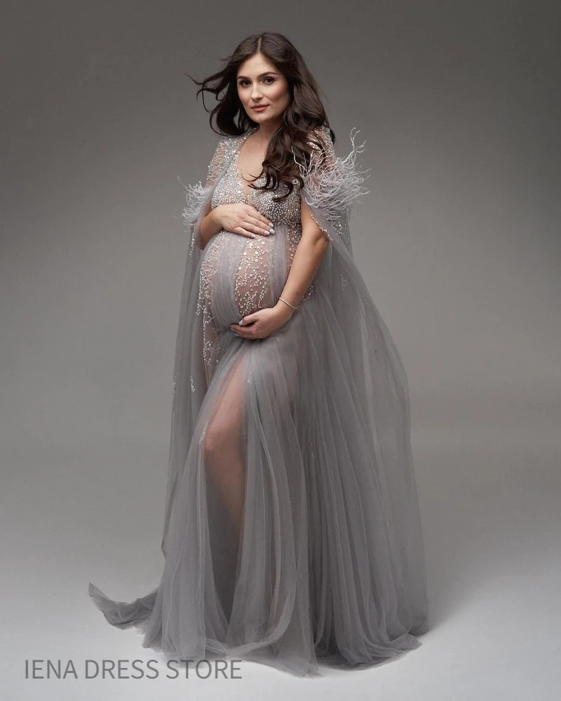 18139 Silber grau besetzt Pailletten Tüll Mutterschaft Fotoshooting Kleid für Baby party V-Ausschnitt schwangere Frauen Kleid mit Feder Quaste