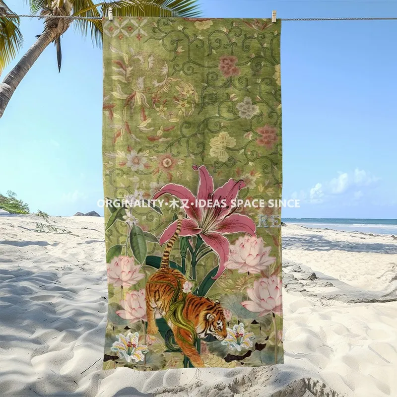 Tiger & Floral Tropical Beach Towel Patterned Sunscreen And Windproof Suitable For Swimming Pool Camping Travel