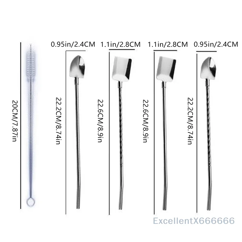 

4Pcs Reusable Metal Straws with Brush for Smoothie Mixing Stirring Drinking Accessories Stainless Steel Straw Spoon Set