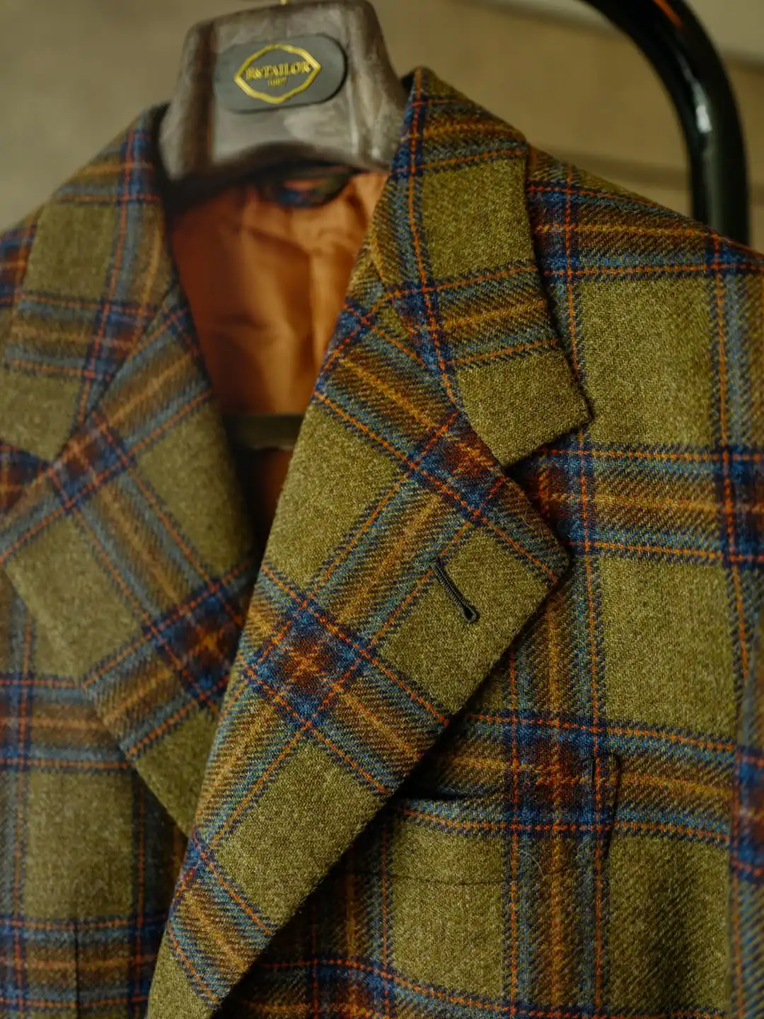 Classic Olive Green Plaid Tweed Blazer with Notch Lapel and Flap Pockets Men Autumn Vintage Suit Jacket Customized M266845