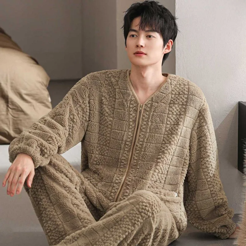 Men V Neck Zipper Coral Fleece Pajamas Set Thick Warm Fluffy Loungewear Home Sleepwear Suit Plus Size