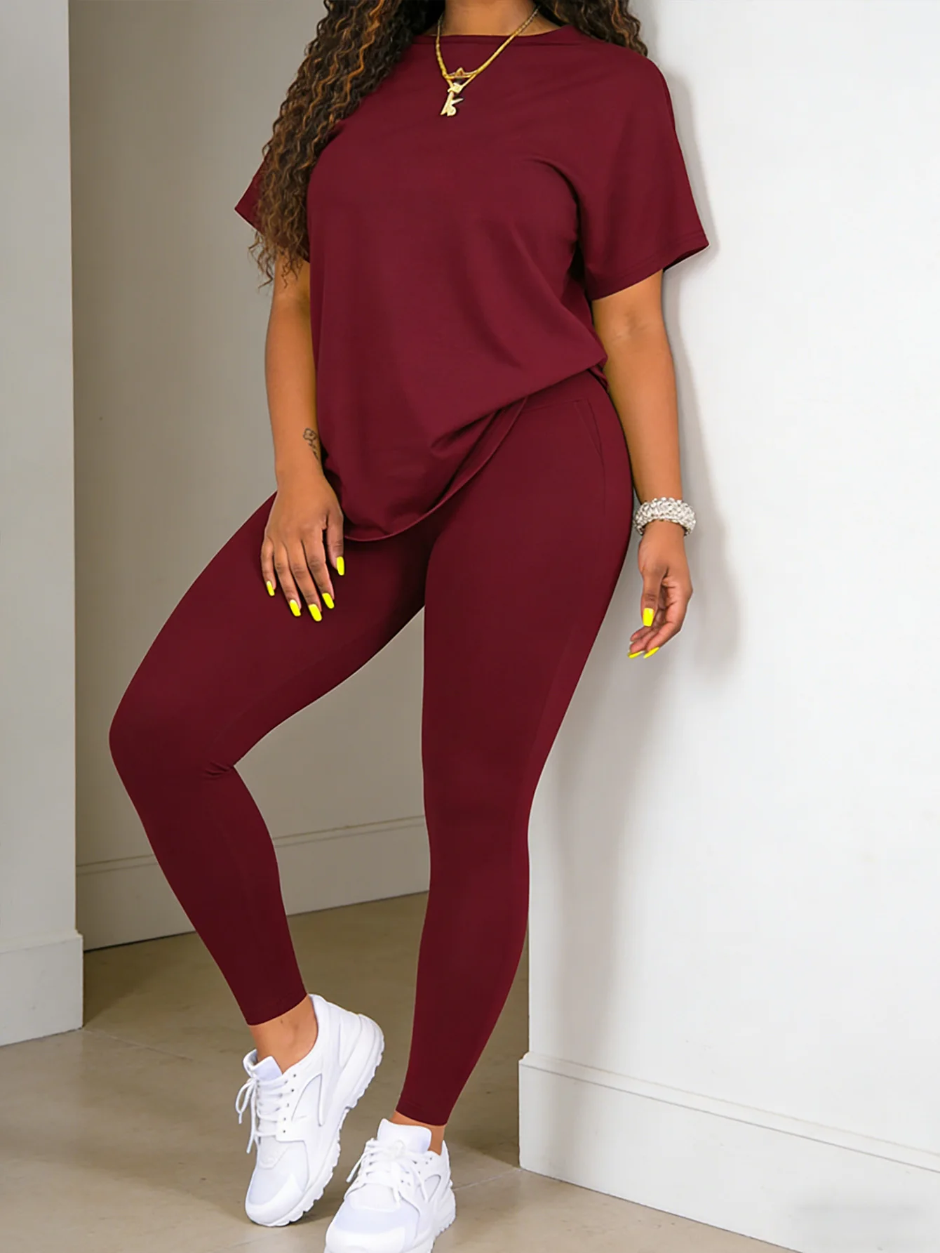 Modisches Rundhals-Kurzarm-Oberteil mit Eng Anliegender Langer Hose - Zweiteiliges Einfarbiges Damen-Set – Detail 7