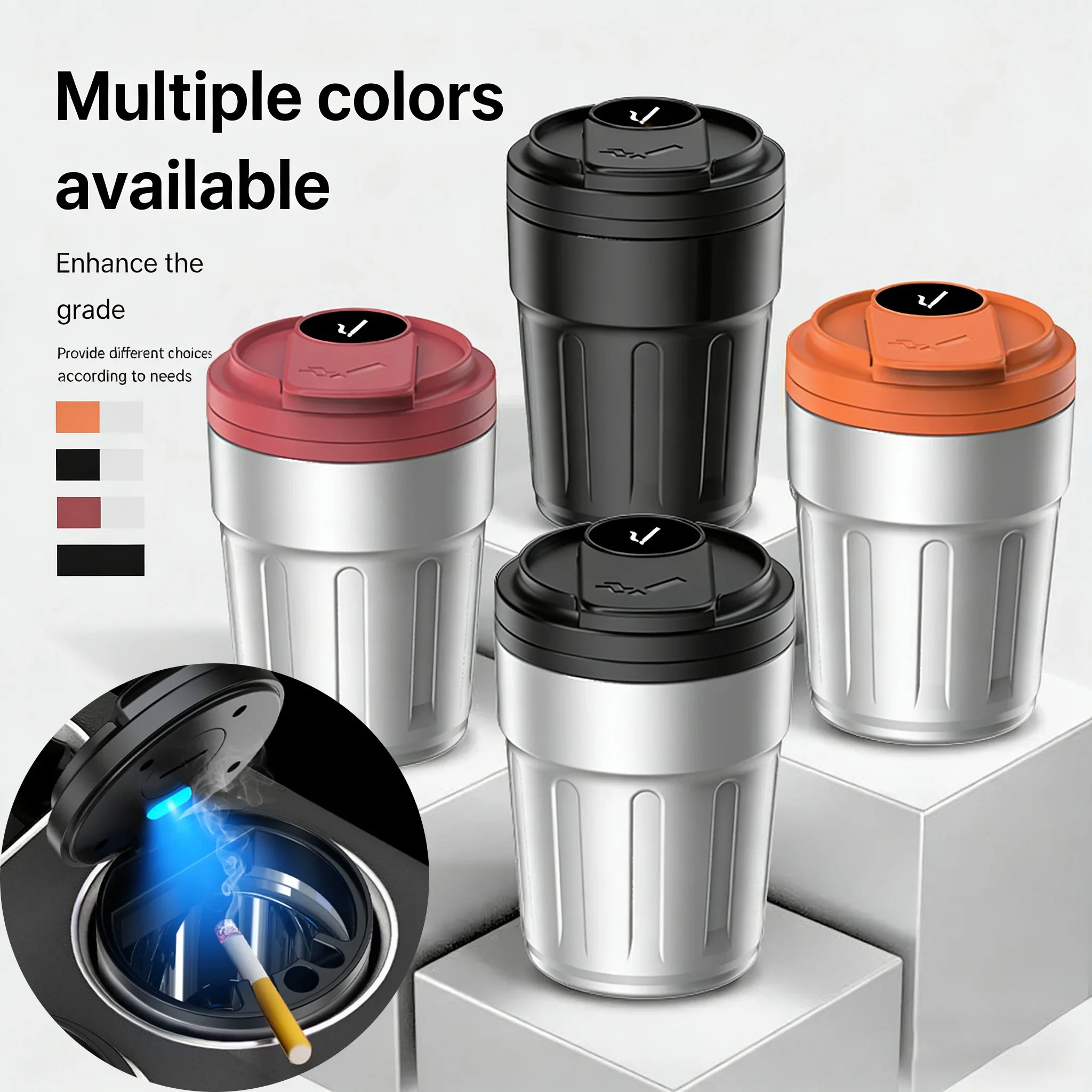 New Car Ashtray Creative Coffee Cup Style Car Ashtray with Lid Blue Color LED Light Metal Lining & ABS Shell Garbage Storage Cup