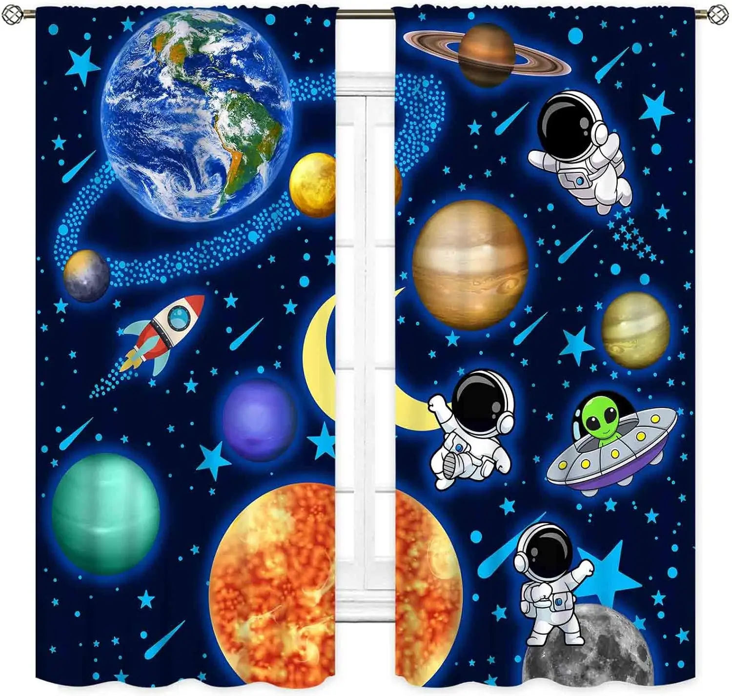 Space Curtains, Kids Boys Solary System Universe Outer Space Planet Astronaut Galaxy Blackout Window Drapery Treatments for