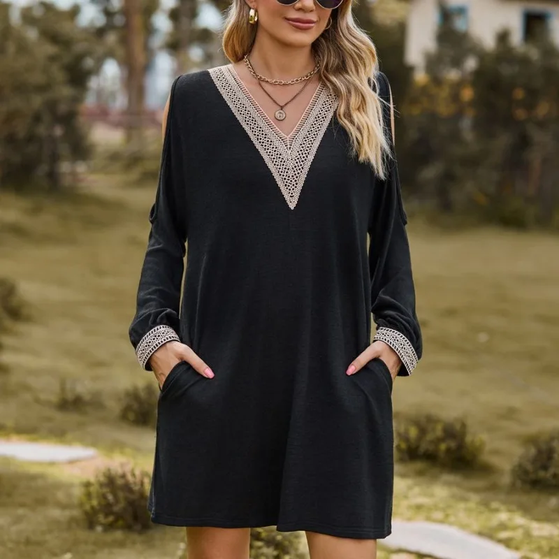 

Autumn and Winter Fashion Vintage Casual Women's Loose V-neck Pullover with Lace Off Shoulder Commuter Solid Pocket Sexy Dresses