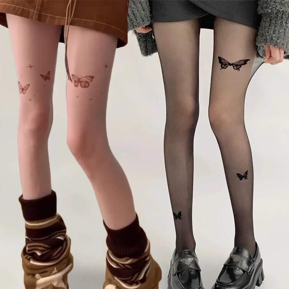 Frauen Ultradünne Strumpfhosen Sexy Vintage Y2K Fake Tattoo Schmetterling Schwarz Transparente Seidenstrumpfhose Mädchen Lolita Sommerstrümpfe Jk
