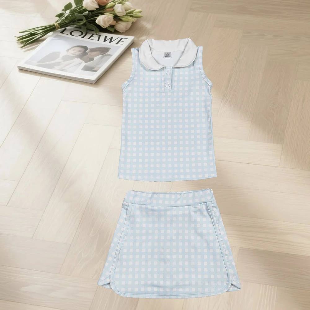 

Детский комплект одежды для девочек: светло-голубой топ в клетку с воротником на пуговицах, юбка, шорты, комплект для йоги и активного отдыха