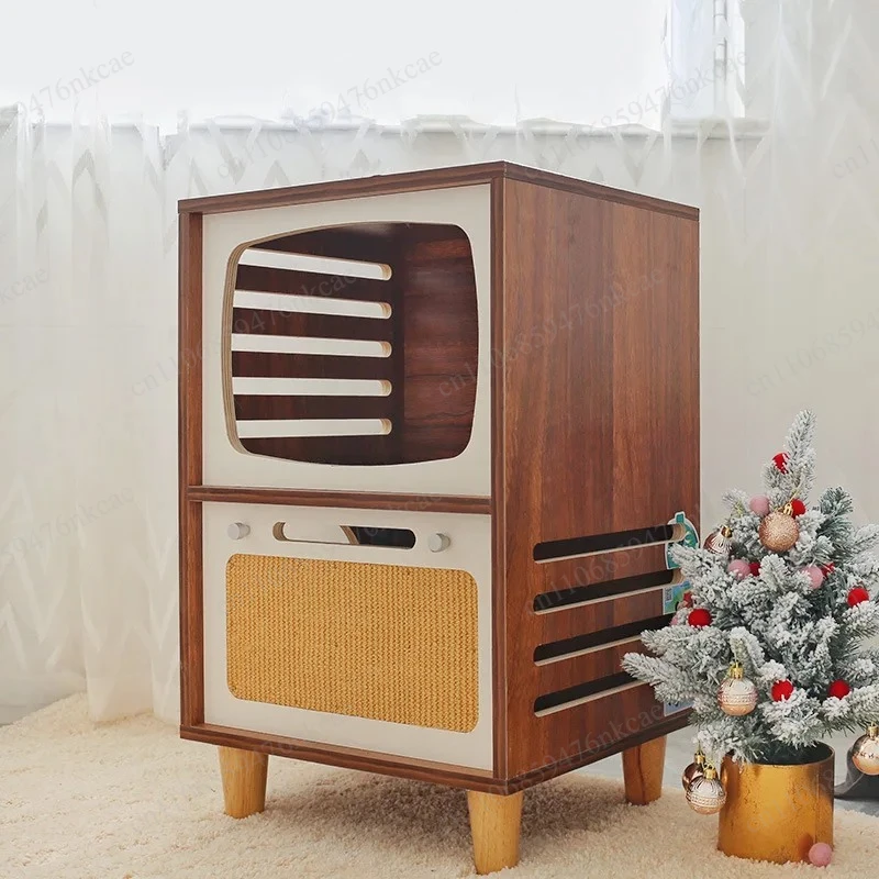 Double layered retro TV, cat cabinet, four season universal bedroom, creative bedside table, cat nest