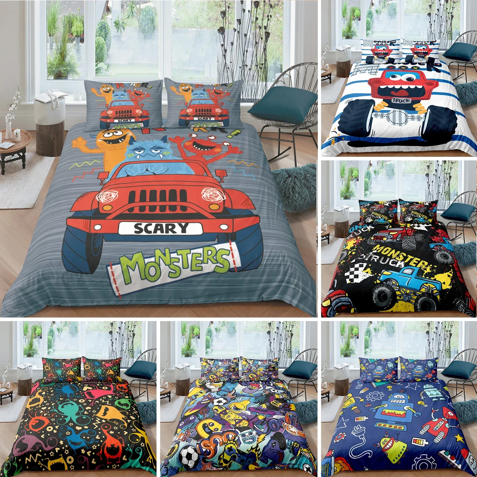 Monster Car King Queen Duvet Cover Cartoon Bedding Set for Kids Lovely Toy Truck Comforter Cover 2/3pcs Polyester Quilt Cover