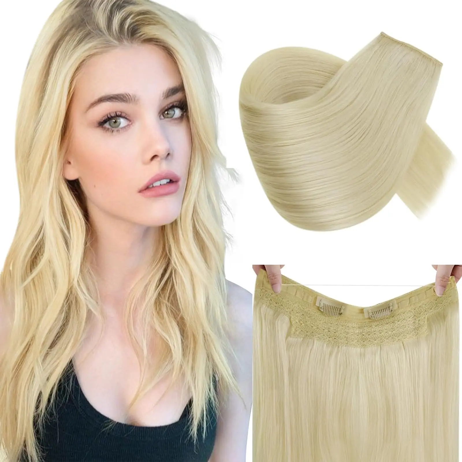 #613 Secret Wire Human Hair Extensions 20 Inch Bleach Blonde Fish Line Suitable for Beginner Adds Instant Length 26inches
