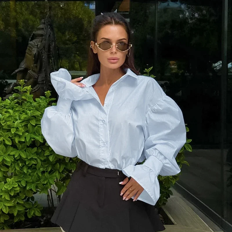 

Fmxires Women's Cotton Long Sleeve Shirt 2025 Spring New Elegant Office Lady Lapel Top Loose Fashion Buttons Flare Sleeve Blouse
