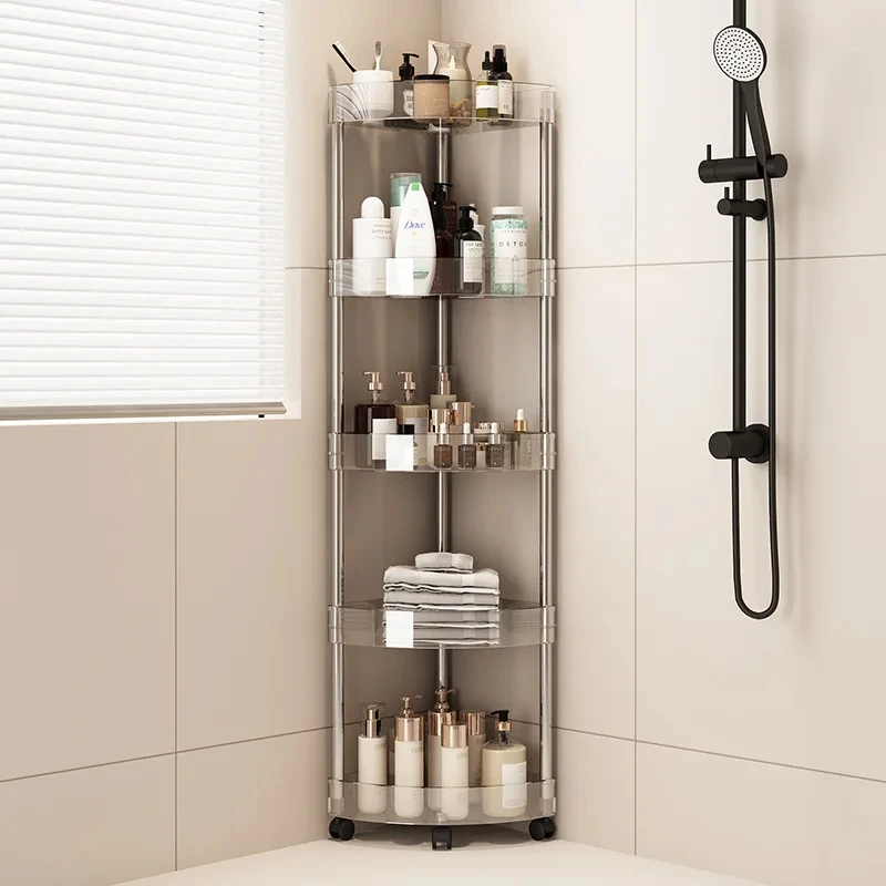 Fashion Rack Multi-Layer Transparent Bathroom Shelf Washbasin Storage Trolley Easy-Move Corner Space-Saving Toilet Rack