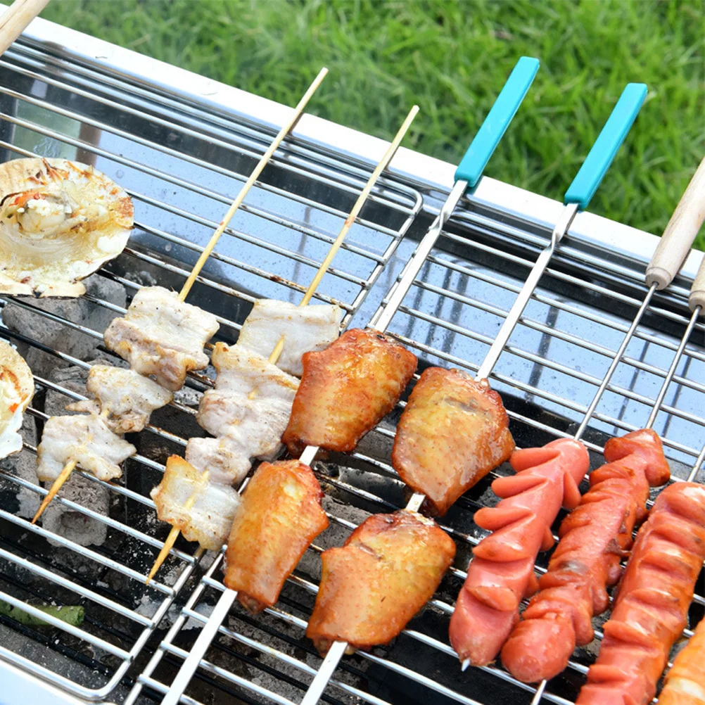 

10Pcs Stainless Steel Outdoor Barbecue Skewers Set Flat Reusable Silicone Handle Bbq Sticks Camping Picnic Grilling Needles