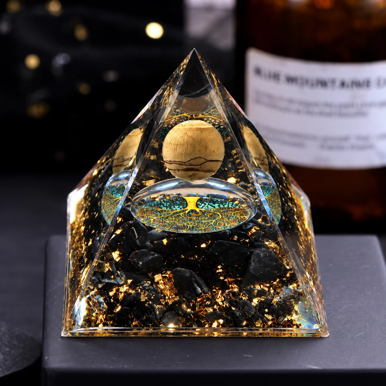 Orgone Pyramid with Picture Jasper Sphere Tree of Life Obsidian Gravel Orgonite Energy Generator Meditation Home Ornament
