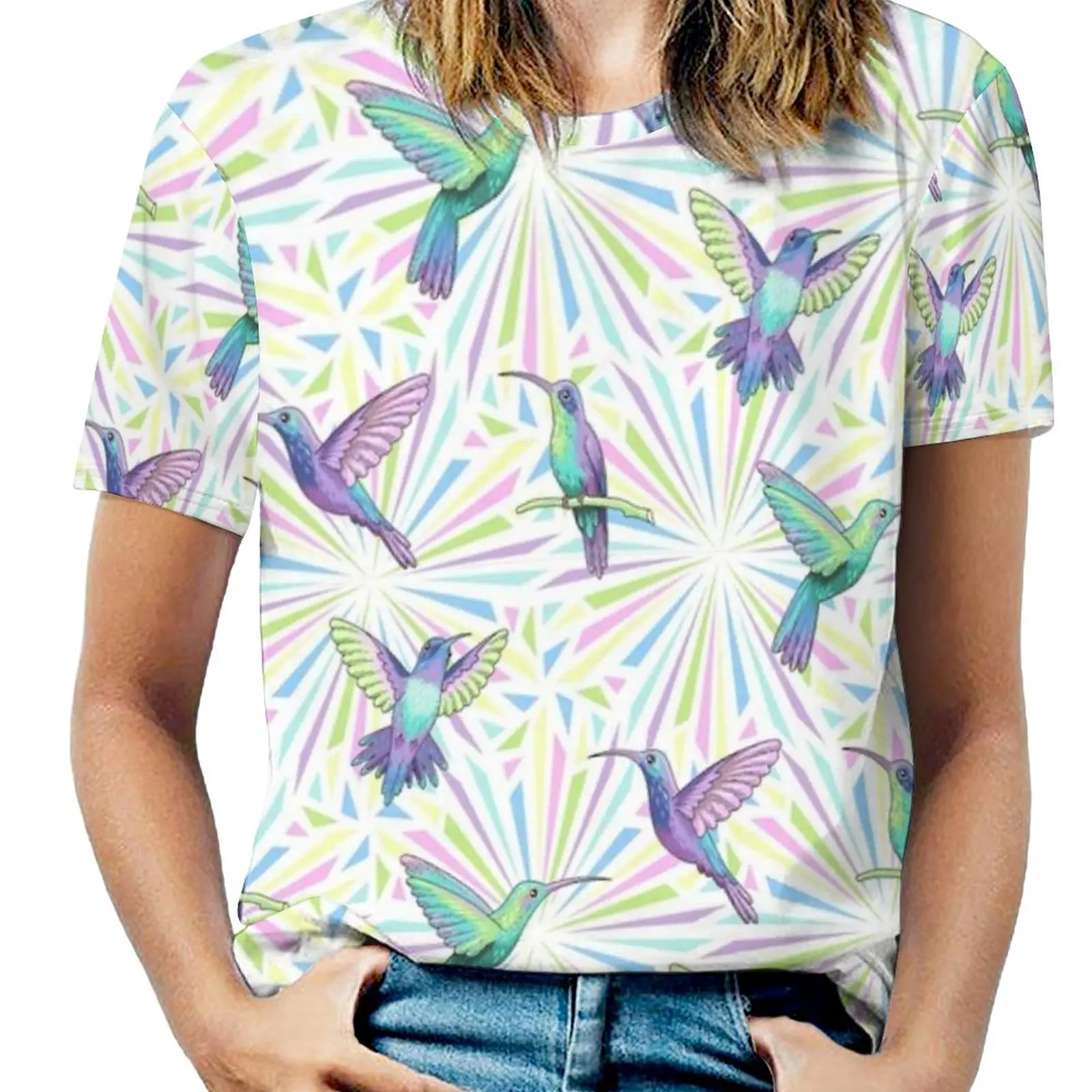 Hummingbirds colibri céu nova moda zip fora do ombro superior de manga curta camisa feminina beija-flor beija-flor beija-flor pássaro beija-flor