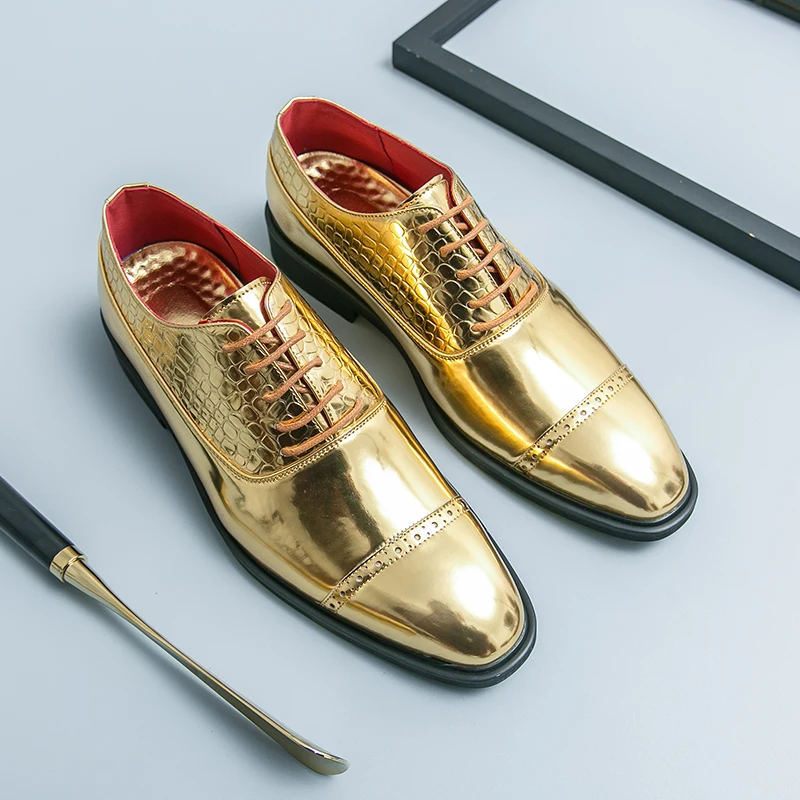 

Men Dress Shoes Gold Patent Leather Oxford Shoes Male Formal Shoes Big Size 38-46 Handsome Men Pointed Toe Shoes for Wedding