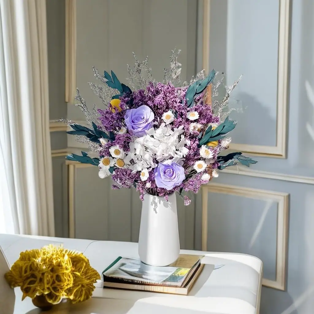 Preserved Mixed Bouquets,Fresh Cut Flowers are Used as Original Flowers,White Ceramic Vase is Included,for Home yard & garden