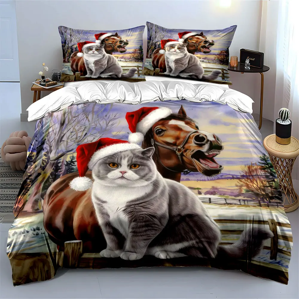 A cat and a horse joyfully wearing Santa hats Print Duvet Cover Bedding Set Included 1*Duvet Cover 2*Pillowcases