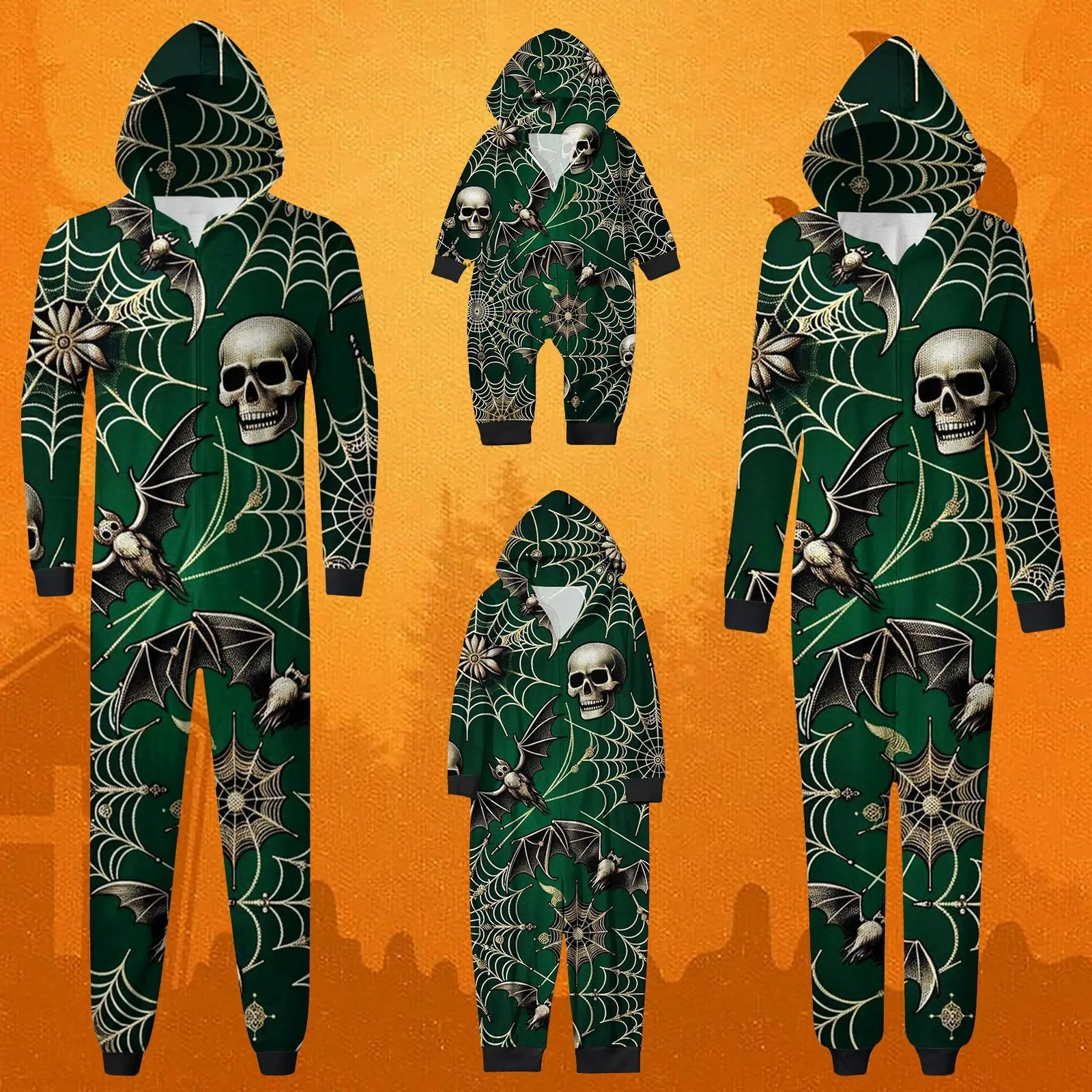 

Skull Printed Halloween Themed Costume Matching Sets Hooded Zipper Up Home Jumpsuit Women Autumn Fashion Family Bodysuit