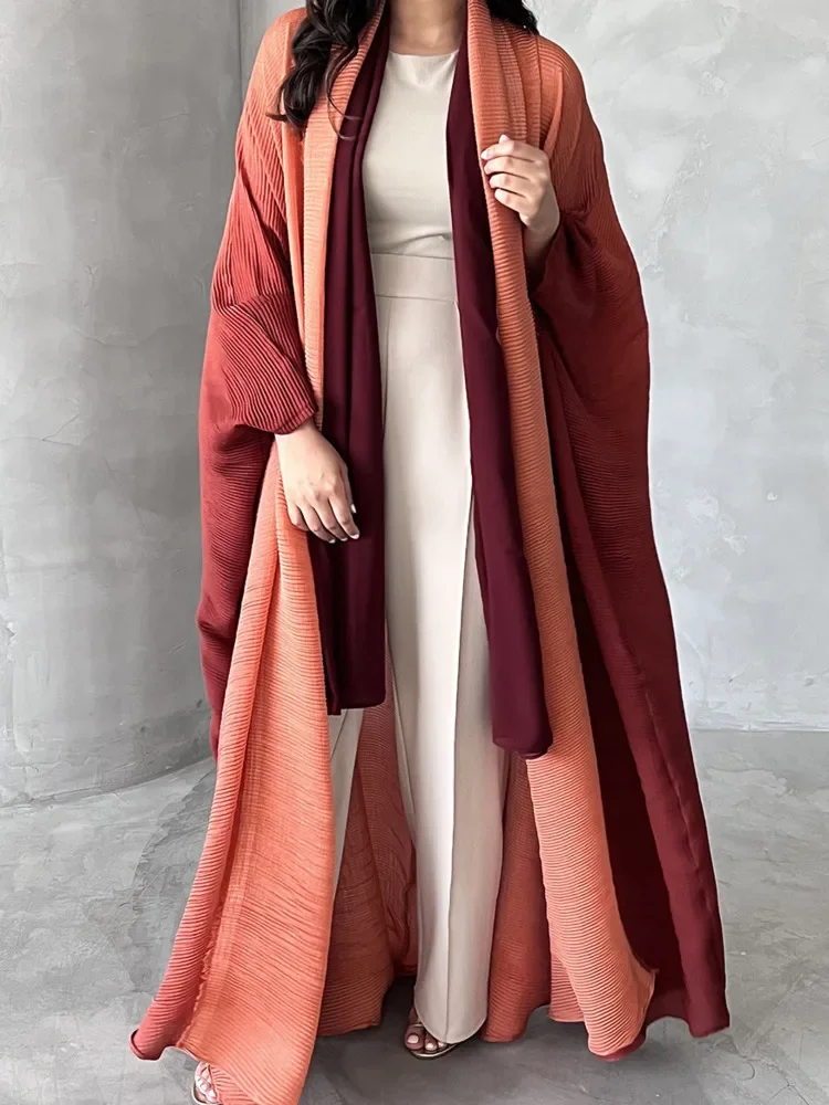 Miyake Gradient Pleated Trench Coat for Women Bat Sleeve Scarf Collar Long Windbreaker Female Fashion Clothing 2023 New Dresses