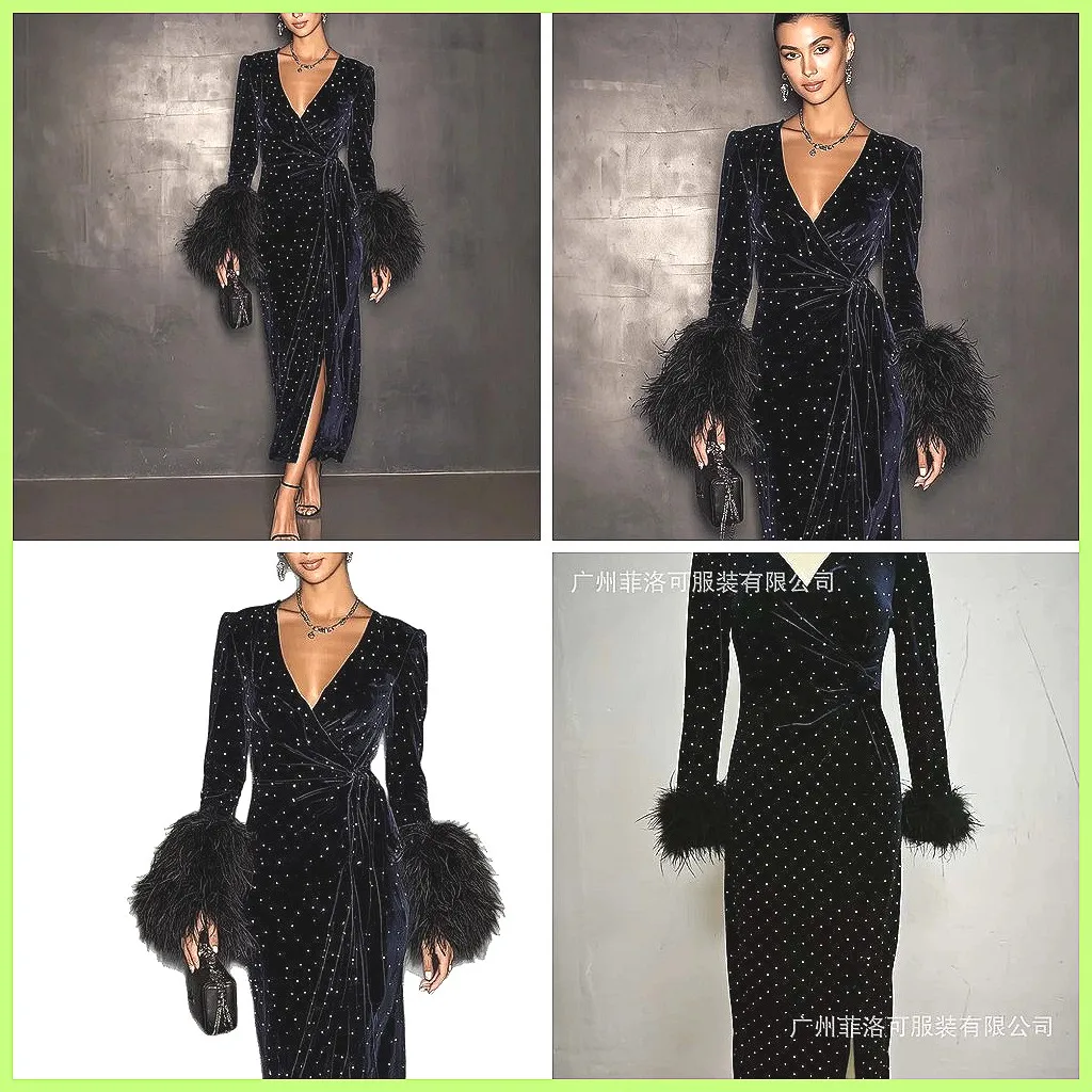 

Elegant Retro Velour Prom Dress with Feather Cuffs, V-Neck Bodycon Evening Gown Long Sleeve Split Party Dress