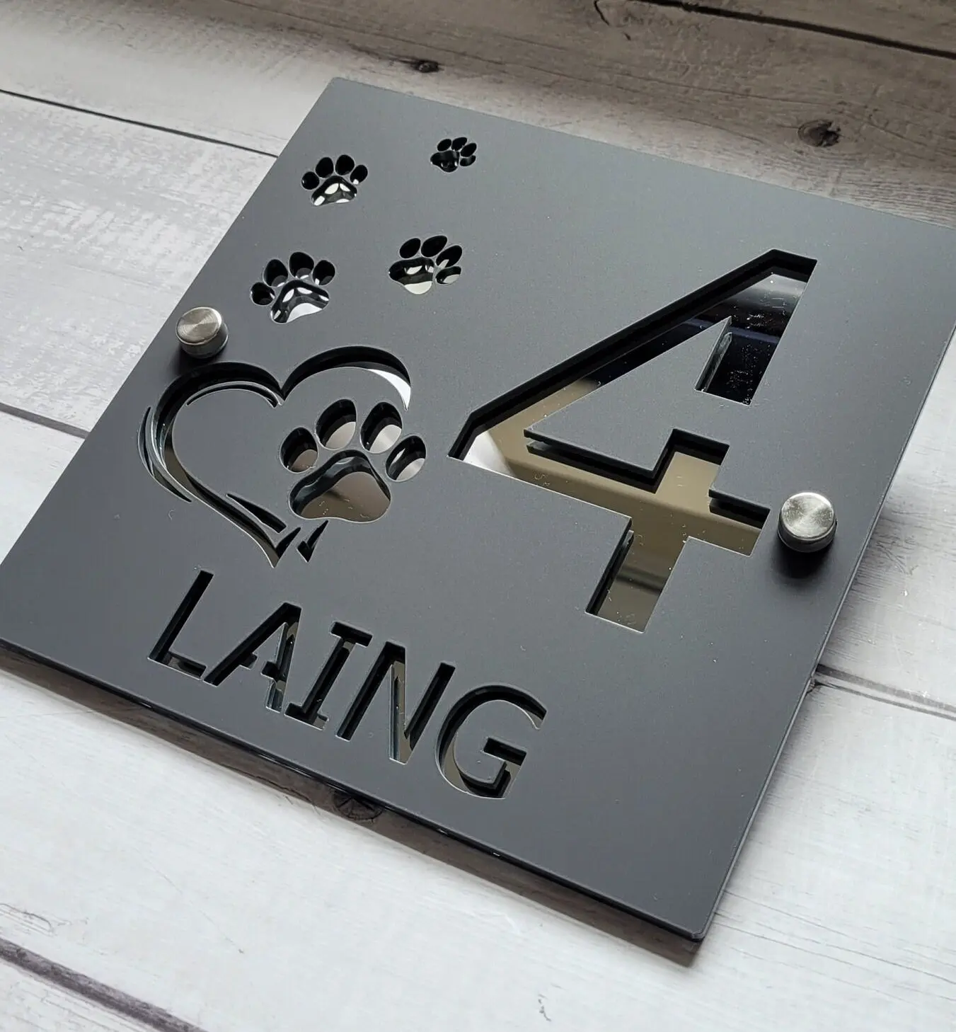 Cat Claw Heart Laser Cut House Signs Numbers Matt Black Acrylic Plaque With Gloss Black Backplate - Personalised