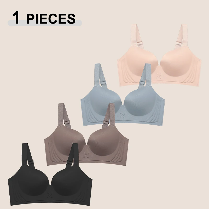Women's Seamless Large Size No Wire Underwear Bra Smooth-faced Solid Color Thin Style Gather and Adjusted-Straps Brassiere 34-44