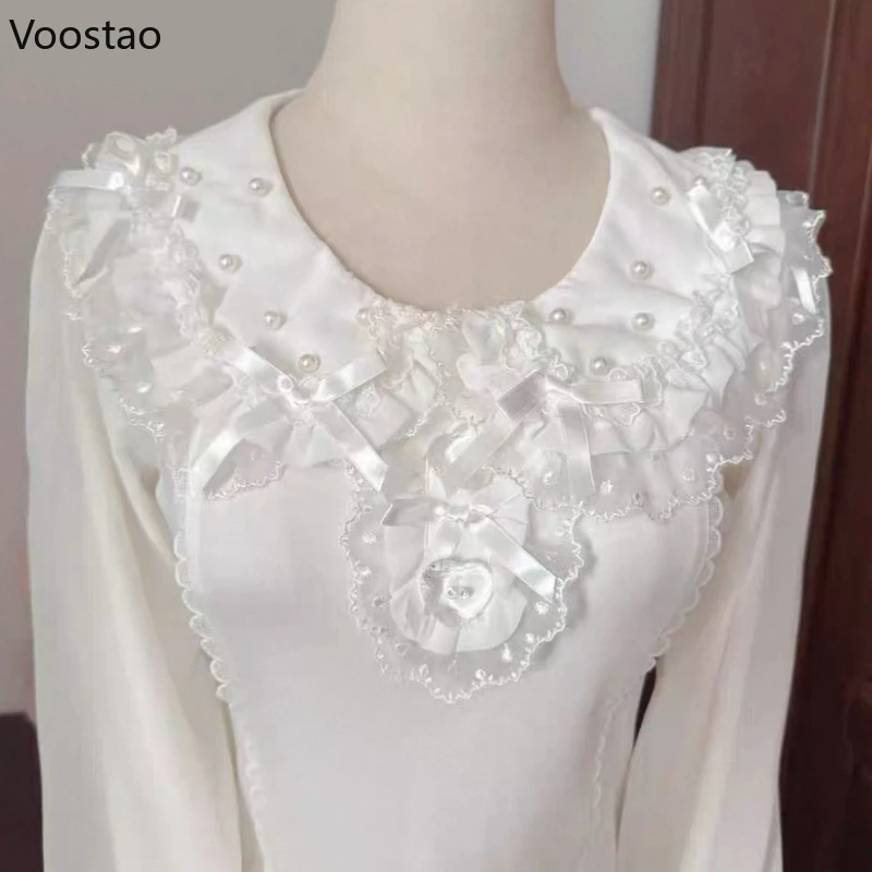 النمط الياباني Kawaii لوليتا بلوزة المرأة لطيف القوس الدانتيل الكشكشة بيتر بان طوق قمصان طويلة الأكمام الحلو الأميرة Blusas القمم #4